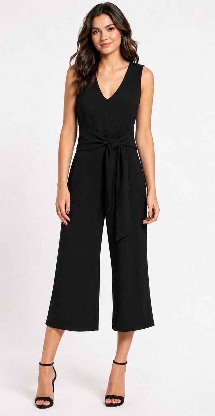 ASTR The Label Black Tie Waist Cropped Wide Leg Jumpsuit Sleeveless Black Small